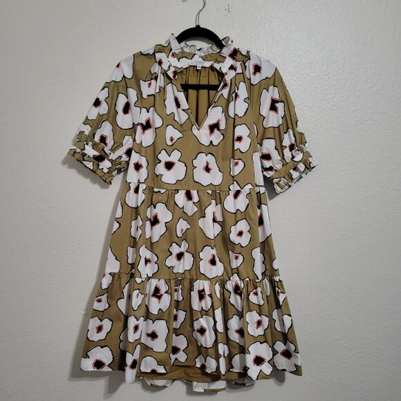 Crosby Isabelle Green Yellow Floral Print Puff Sleeve Tiered Mini Dress Size XS - Picture 8 of 8